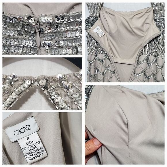 Cache Grey Beaded Sequin Maxi Mermaid Gown sz 6 Cap Sleeve Formal Black Tie - Picture 7 of 14